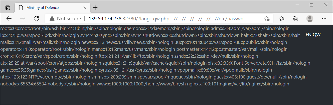 Contents of the passwd file returned by the server, indicating we have LFI capabilities