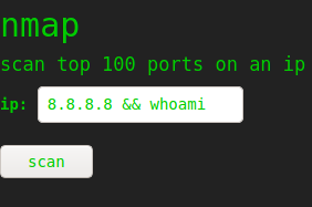 Machine generated alternative text:
nmap 
scan top 100 ports on an ip 
ip: 
8.8.8.8 whoami 
scan 